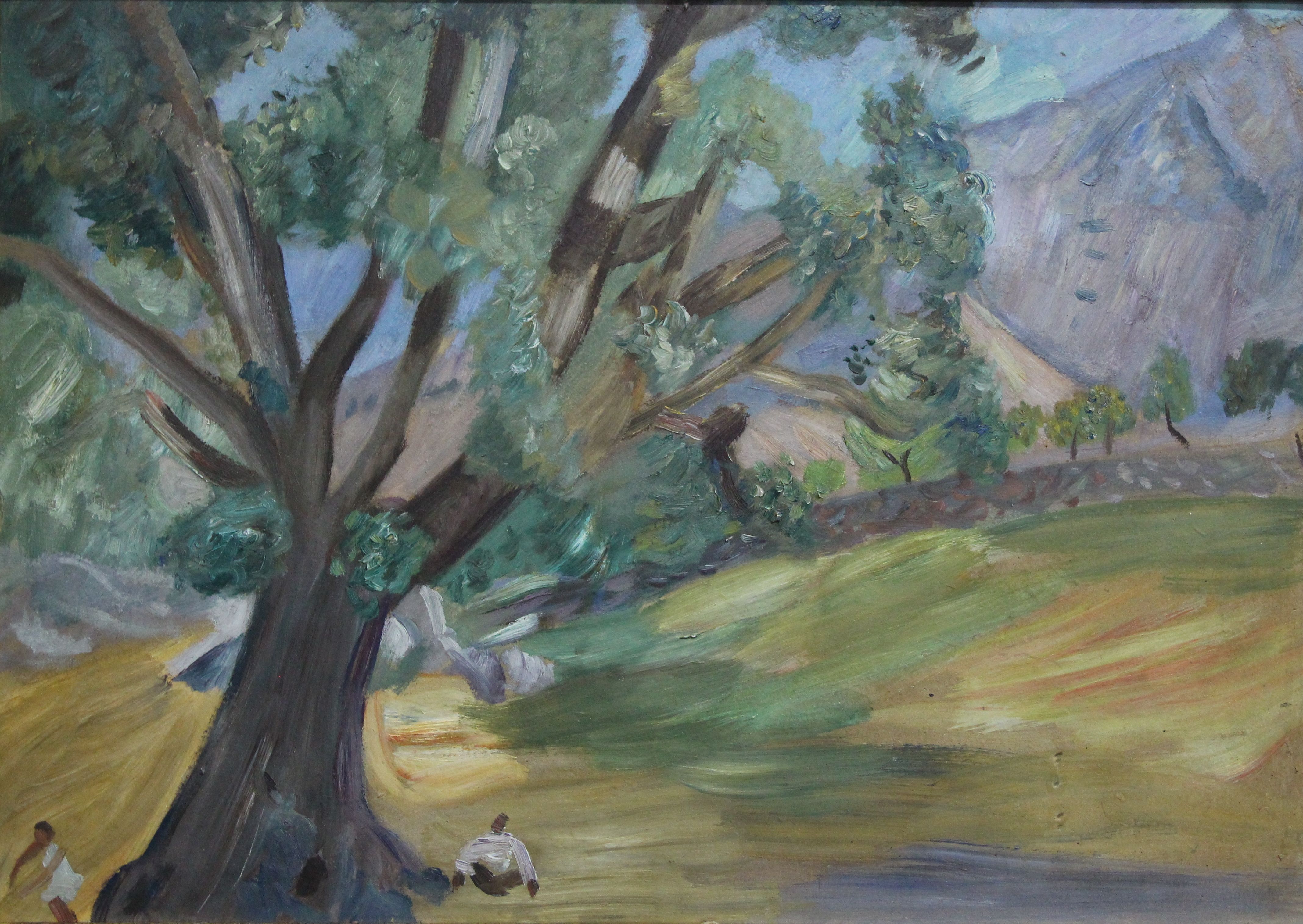 Paisaje de Aitana con árbol y figuras, Emilio Varela Isabel, 1931. Óleo sobre cartón. Colección Familia Sánchez Mateo